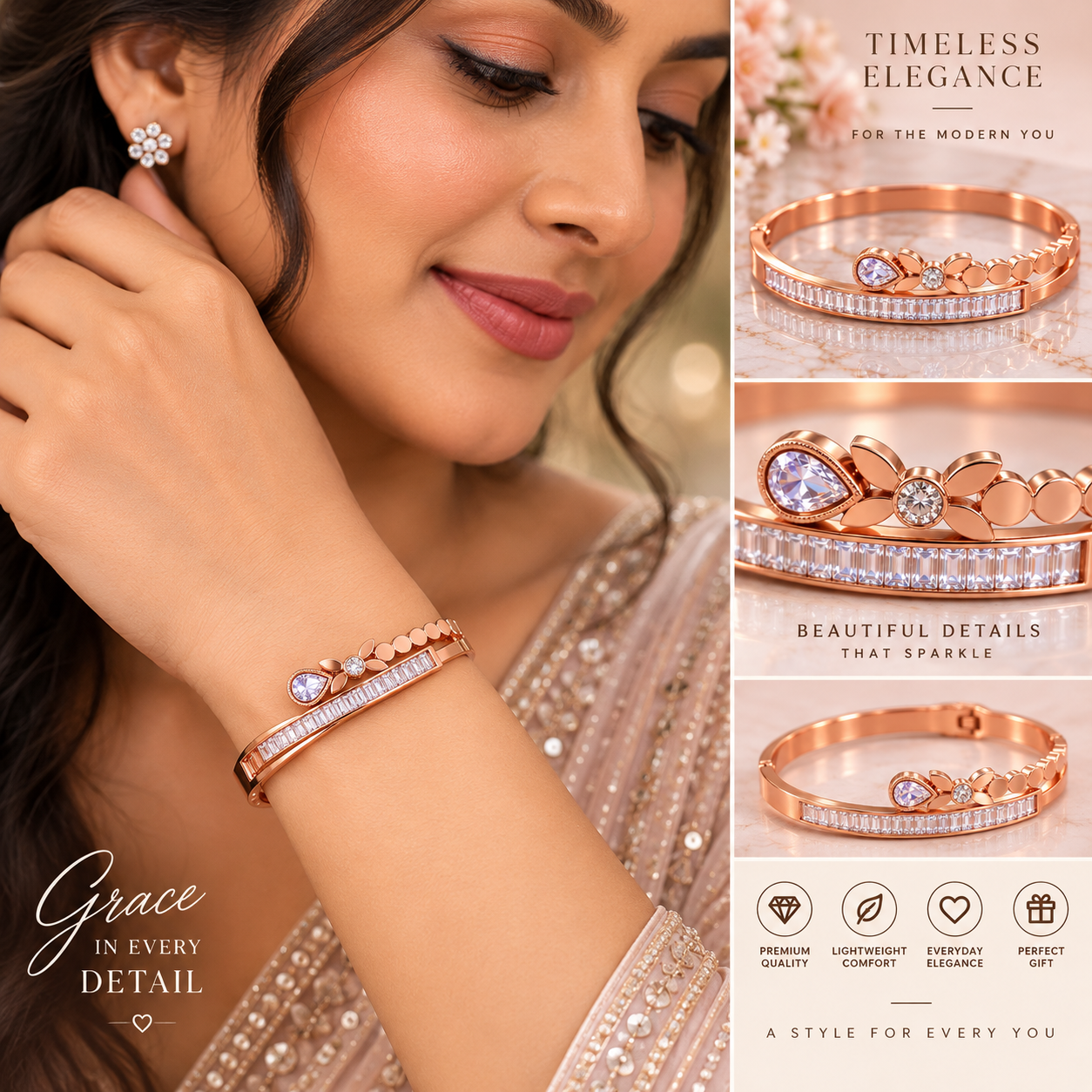Rose Gold Crystal Leaf Bangle Bracelet